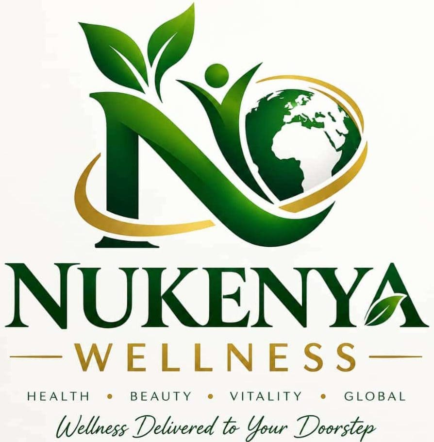Nukenya Wellness logo featuring a green leaf, human figure and globe symbol in gold and green